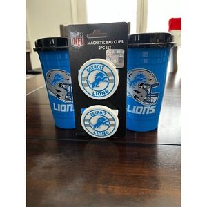 NWT Detroit Lions NFL 2 pack Coffee travel mug & Magnetic Bag Clips